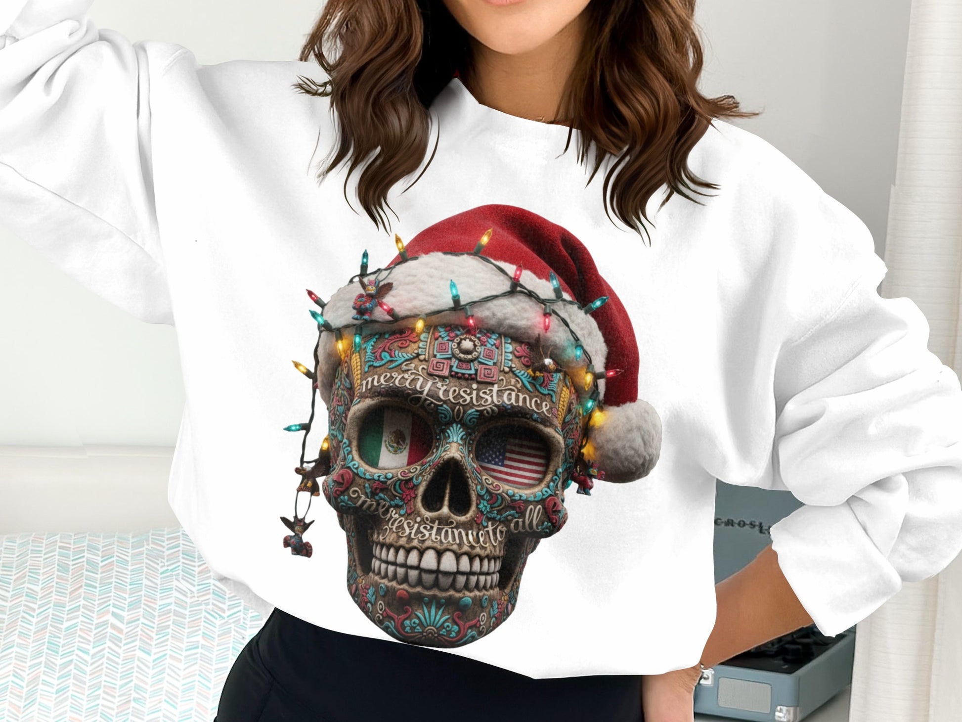Christmas Skull with Santa Hat and Lights Sweater