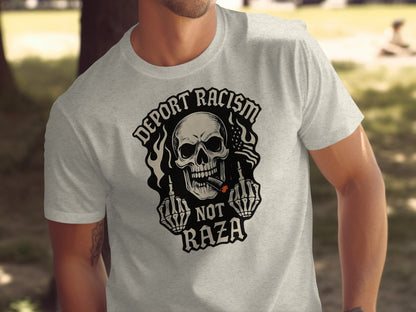 Deport Racism Not Raza Skull Graphic T-Shirt product
