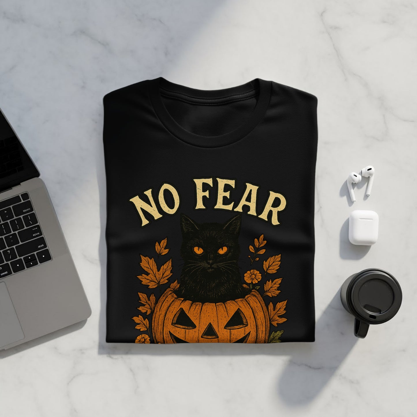 No Fear Black Cat Pumpkin Halloween Shirt product