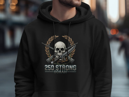 250 Strong Oorah Men's Hoodie with Skull and Gun Design