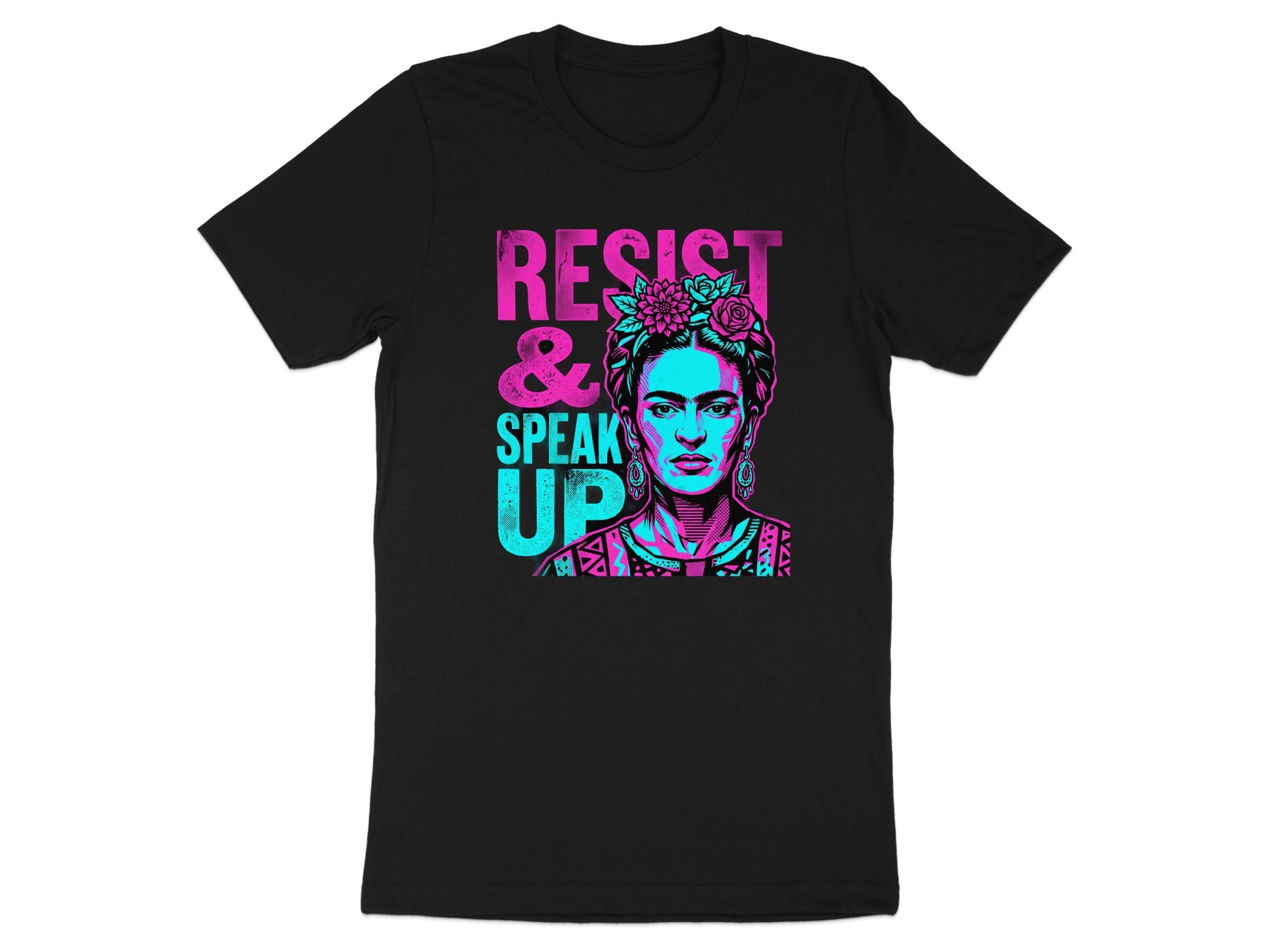 Black t-shirt with Frida Kahlo portrait and "RESIST & SPEAK UP" text.