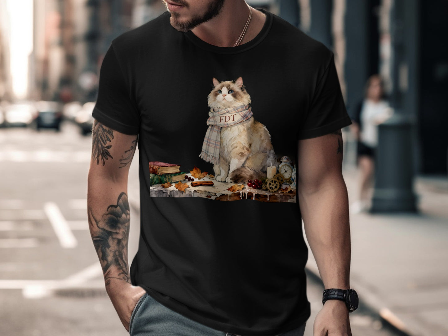 Stylish Cat with Scarf Fashionable Graphic Tee