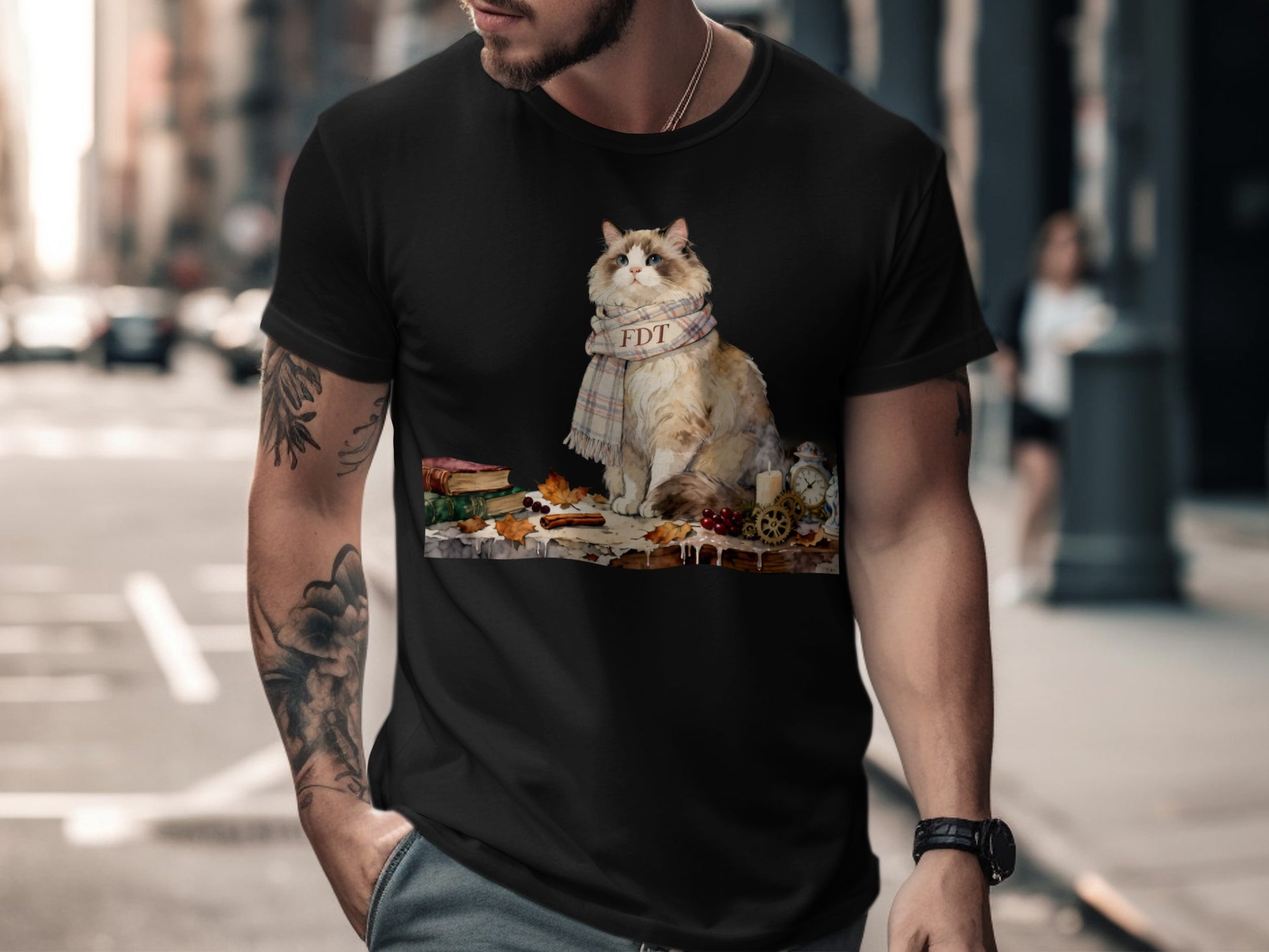 Stylish Cat with Scarf Fashionable Graphic Tee