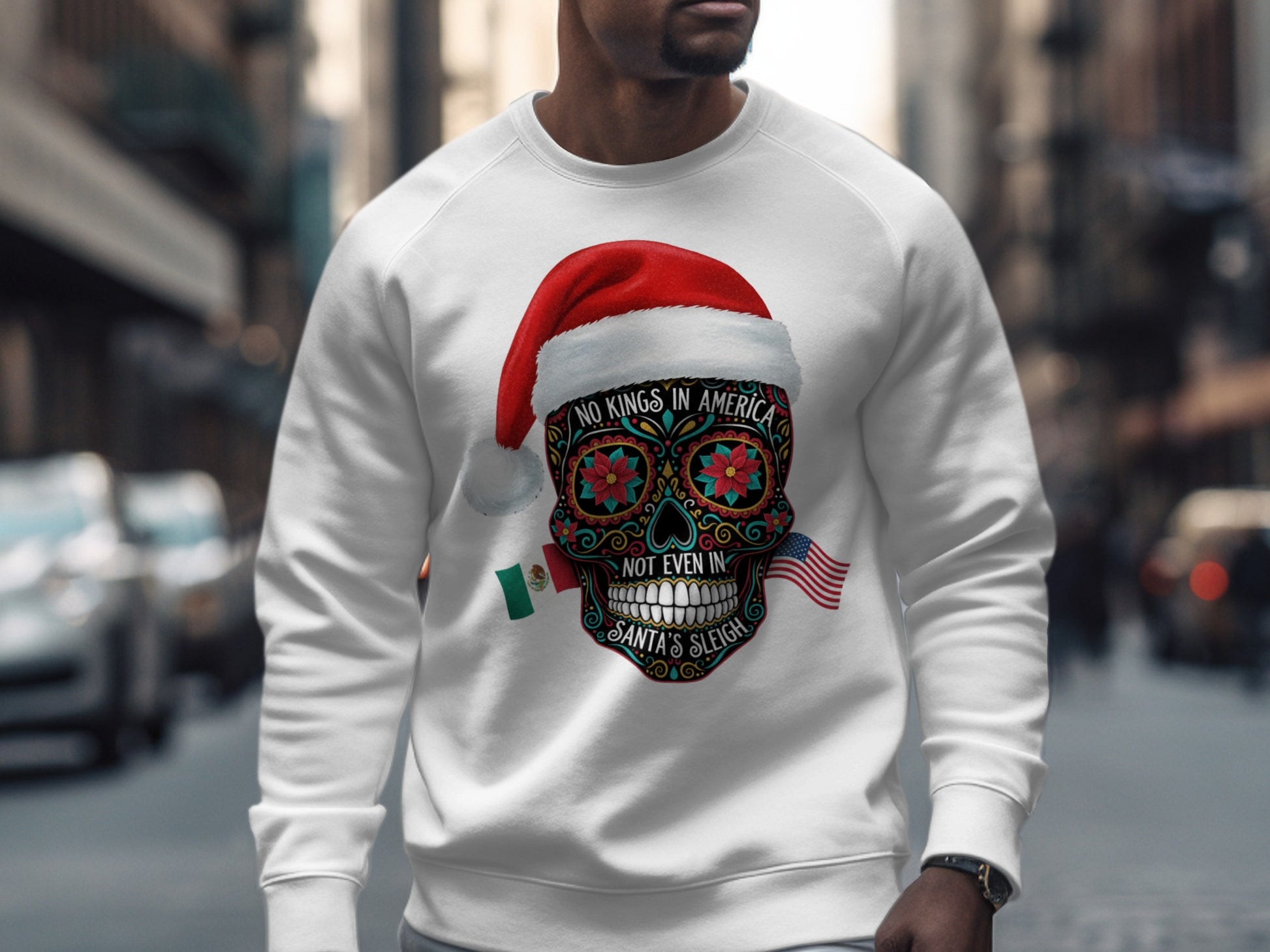 Festive Skull with Flags and No Kings Statement Sweatshirt