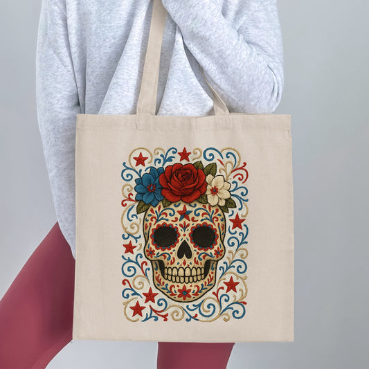 Vibrant Embroidered Sugar Skull Tote Bag product type