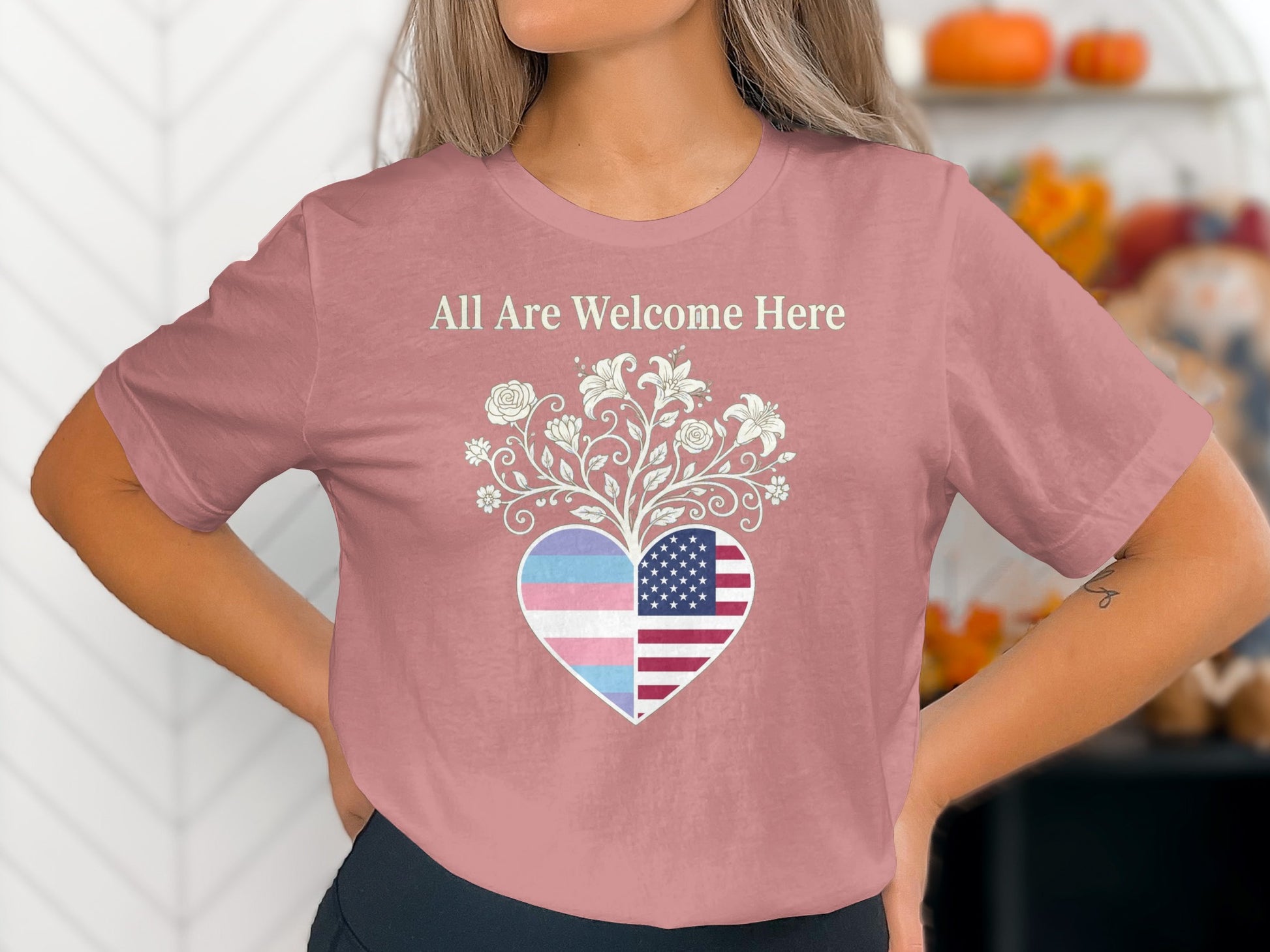 All Are Welcome Here Heart Design T-Shirt Product