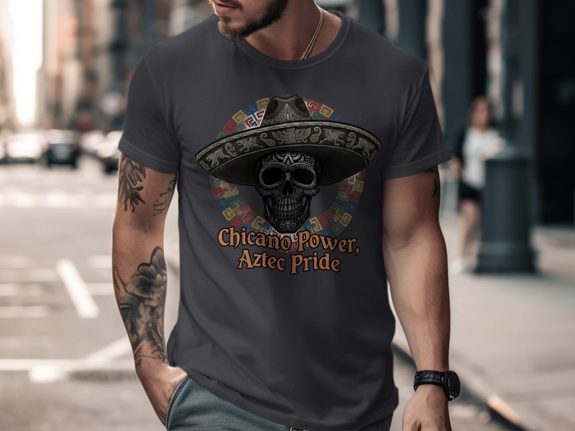 Chicano Power Aztec Pride Skull Design T-shirt