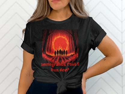 Black t-shirt with "Immigrants roots run deep" and a fiery forest scene.