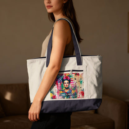Tote bag featuring Frida Kahlo with American flag and floral crown, text "CHINGA TU MAGA".