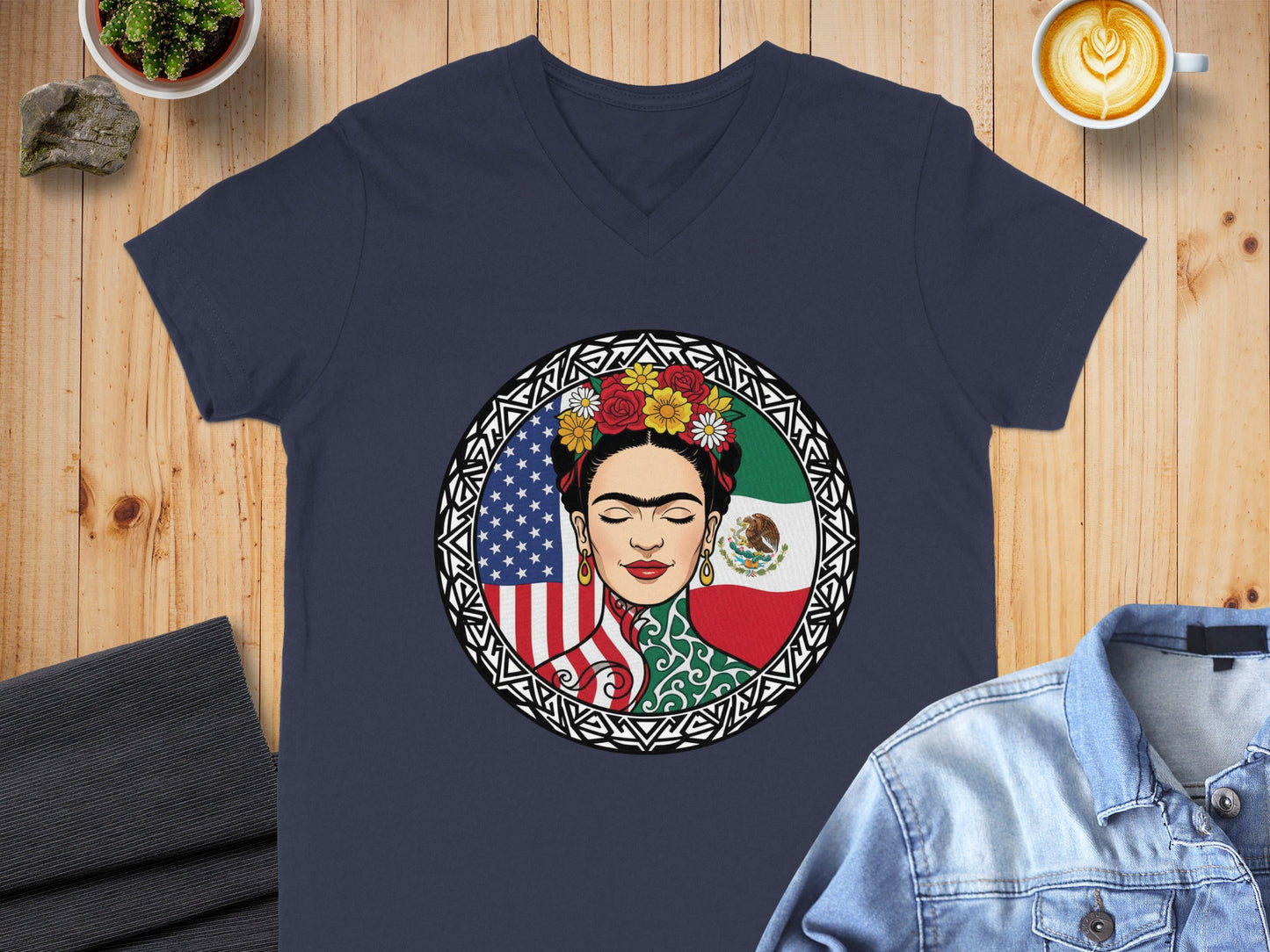 Frida Kahlo Flags Circle Artwork V-Neck Unisex T-Shirt
