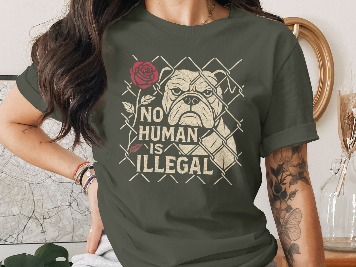 No Human Is Illegal Bulldog Graphic T-shirt