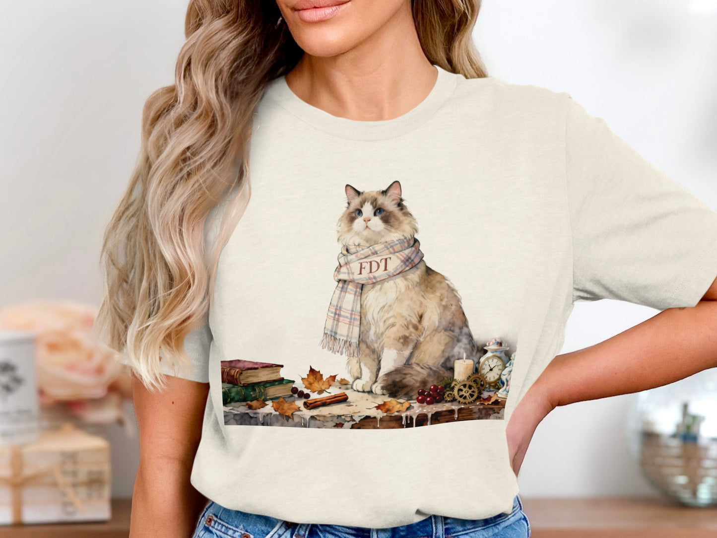 Cute Cat Illustration with Scarf Sitting on Desk Shirt