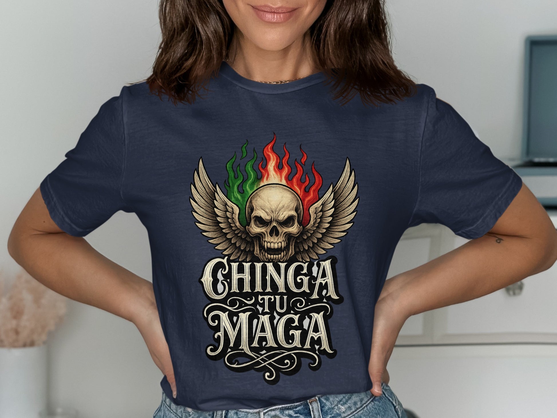 Colorful flaming skull Chinga Tu Maga T-shirt product