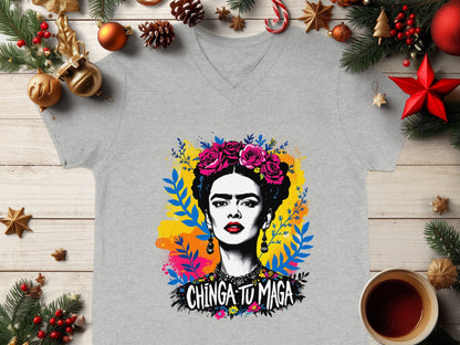 Colorful Artistic Chinga Tu Maga V-neck T-shirt