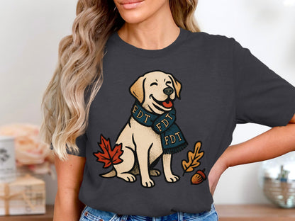 Happy Dog with Scarf and Leaves Graphic Tee