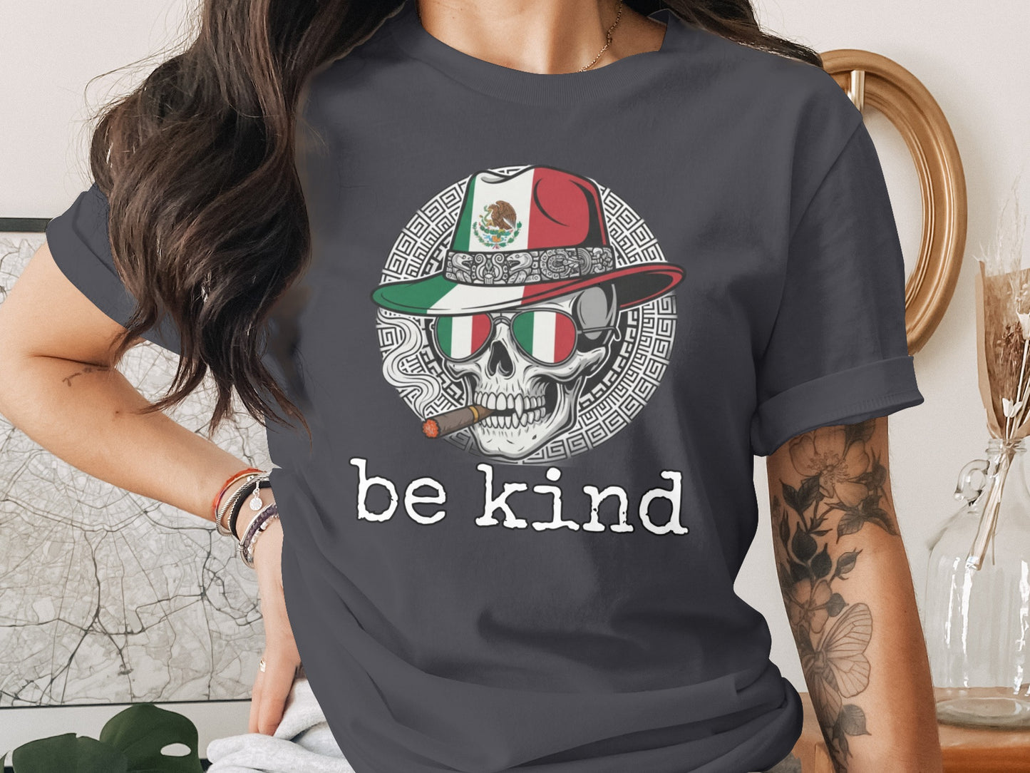 Be Kind Mexican Skull Hat Design T-Shirt