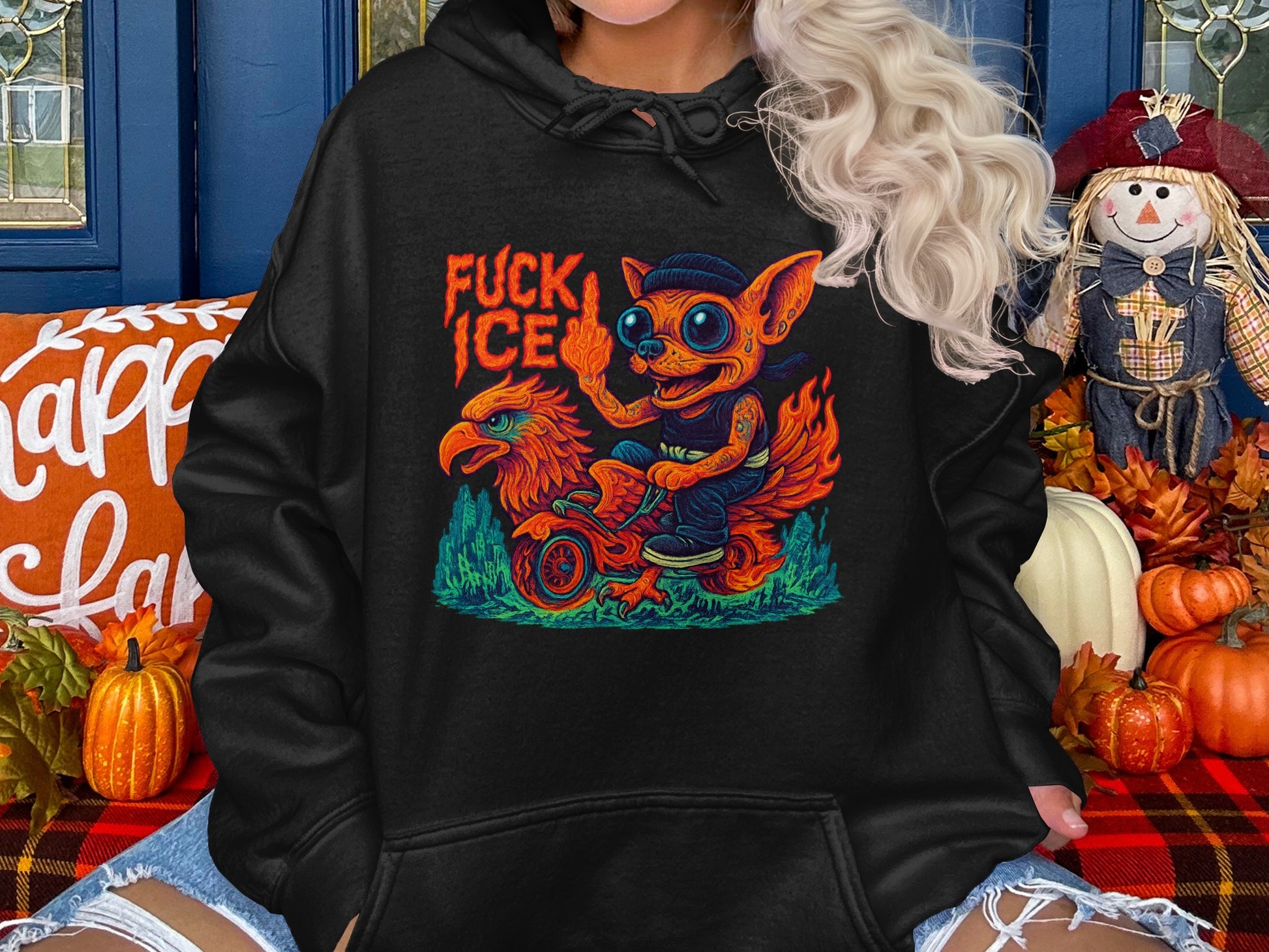 Colorful Skeleton Riding Fiery Animal Printed Hoodie product