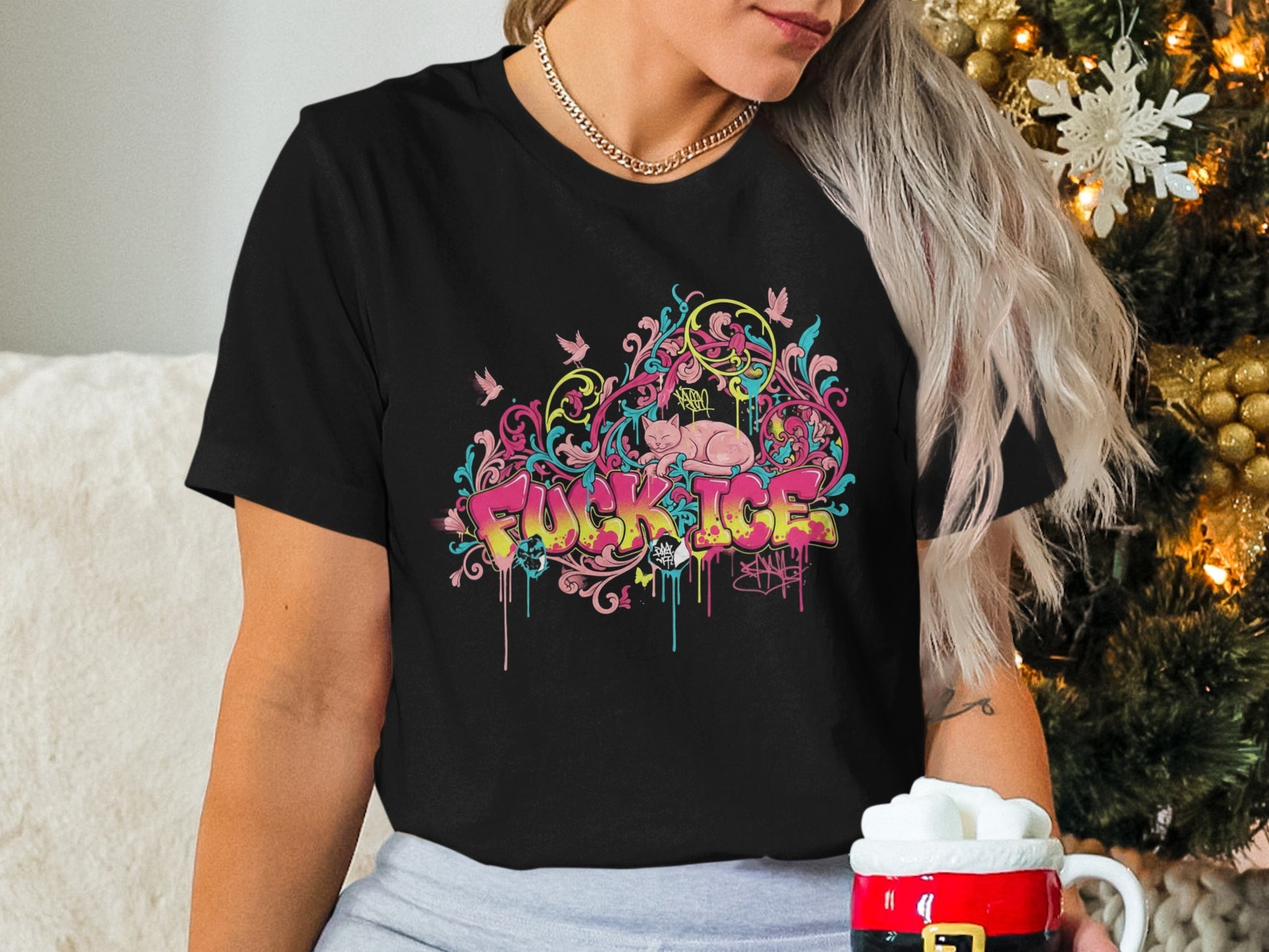 Colorful Funky Ice Graffiti Art Black T-shirt
