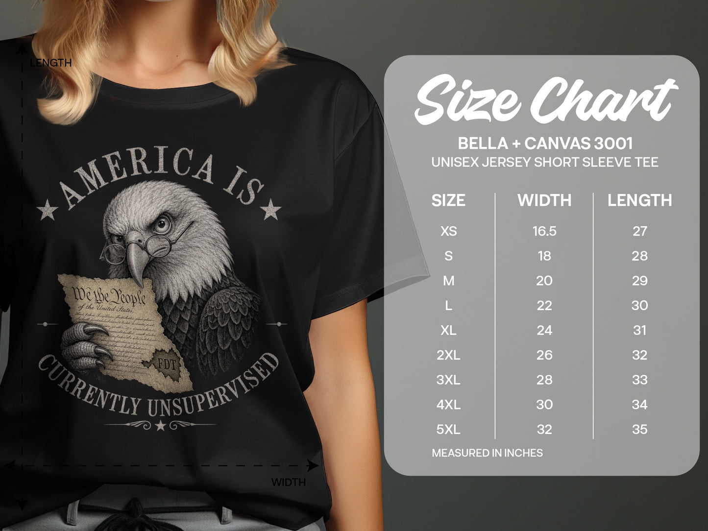 T-shirt graphic with eagle wearing glasses holding document and size chart.