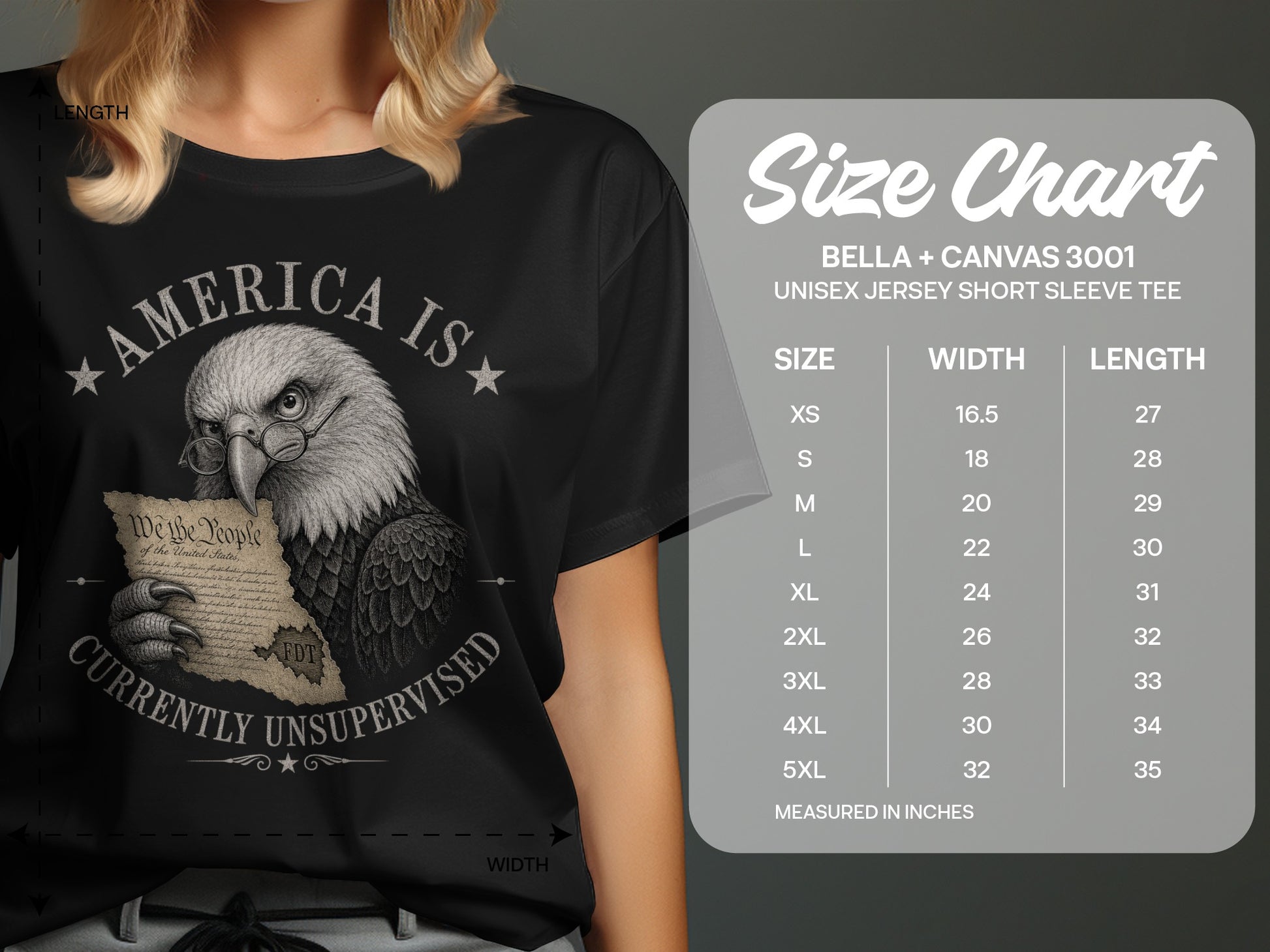 T-shirt graphic with eagle wearing glasses holding document and size chart.