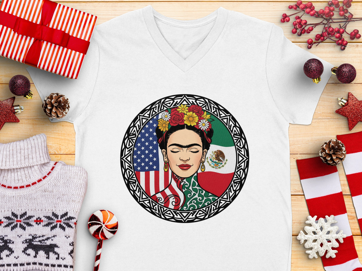 Vibrant Frida Kahlo Design V-Neck T-Shirt
