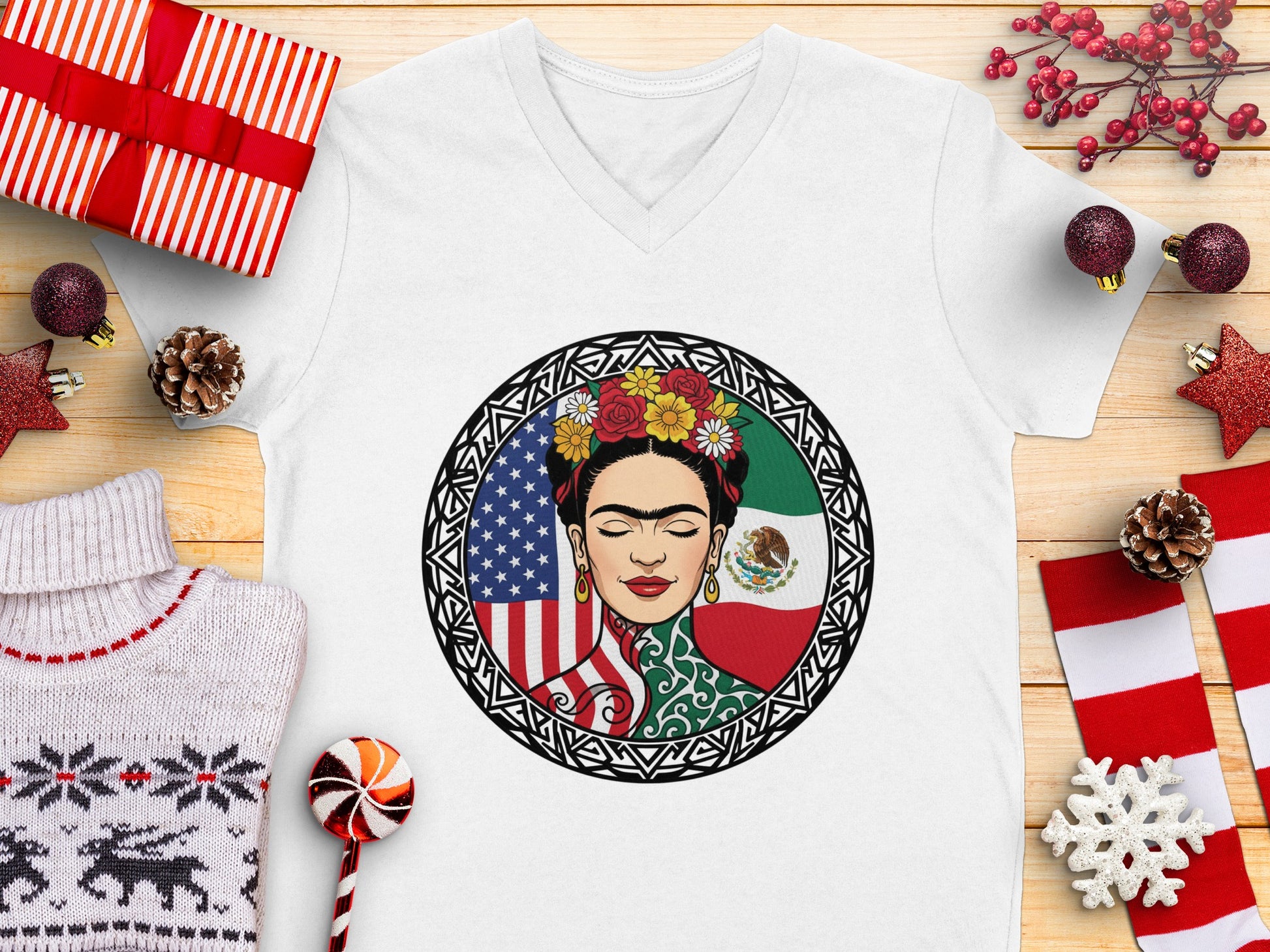 Vibrant Frida Kahlo Design V-Neck T-Shirt