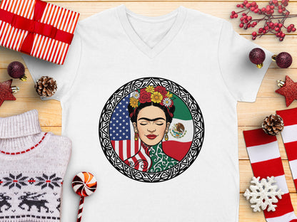 Vibrant Frida Kahlo Design V-Neck T-Shirt