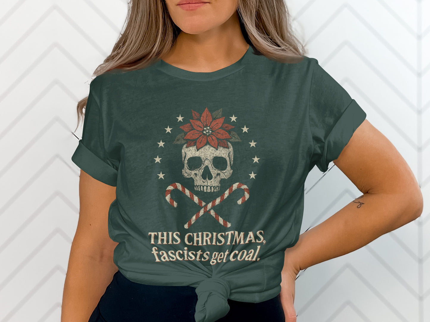 Anti-Fascist Christmas Skull Graphic T-Shirt