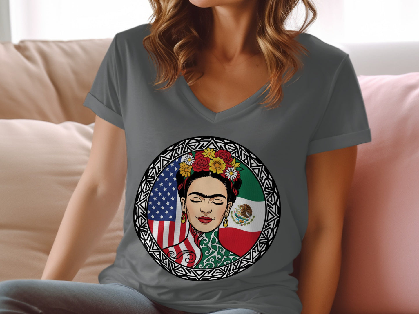 Women's T-shirt with Artistic Design in V-Neck Style
