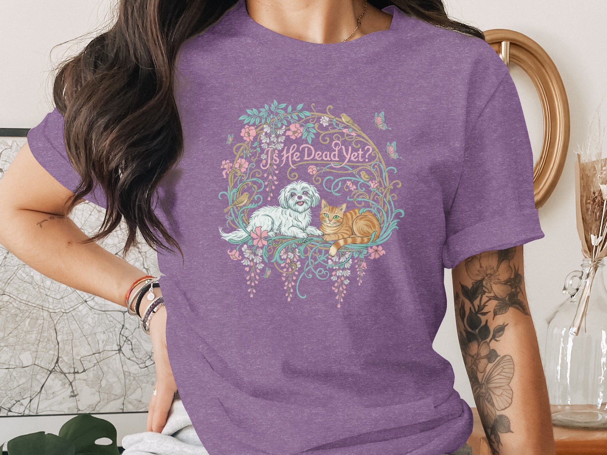 Is He Dead Yet Cute Cat and Dog Graphic Tee