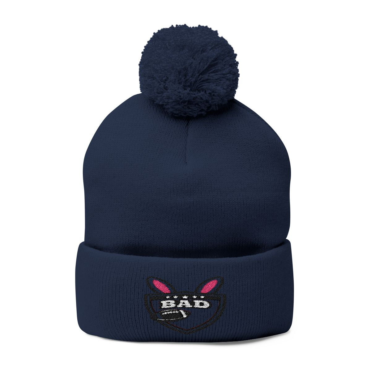 Navy Blue Pom Pom Beanie with Embroidered Badge