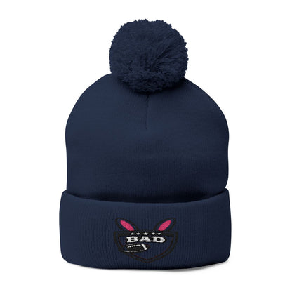 Navy Blue Pom Pom Beanie with Embroidered Badge