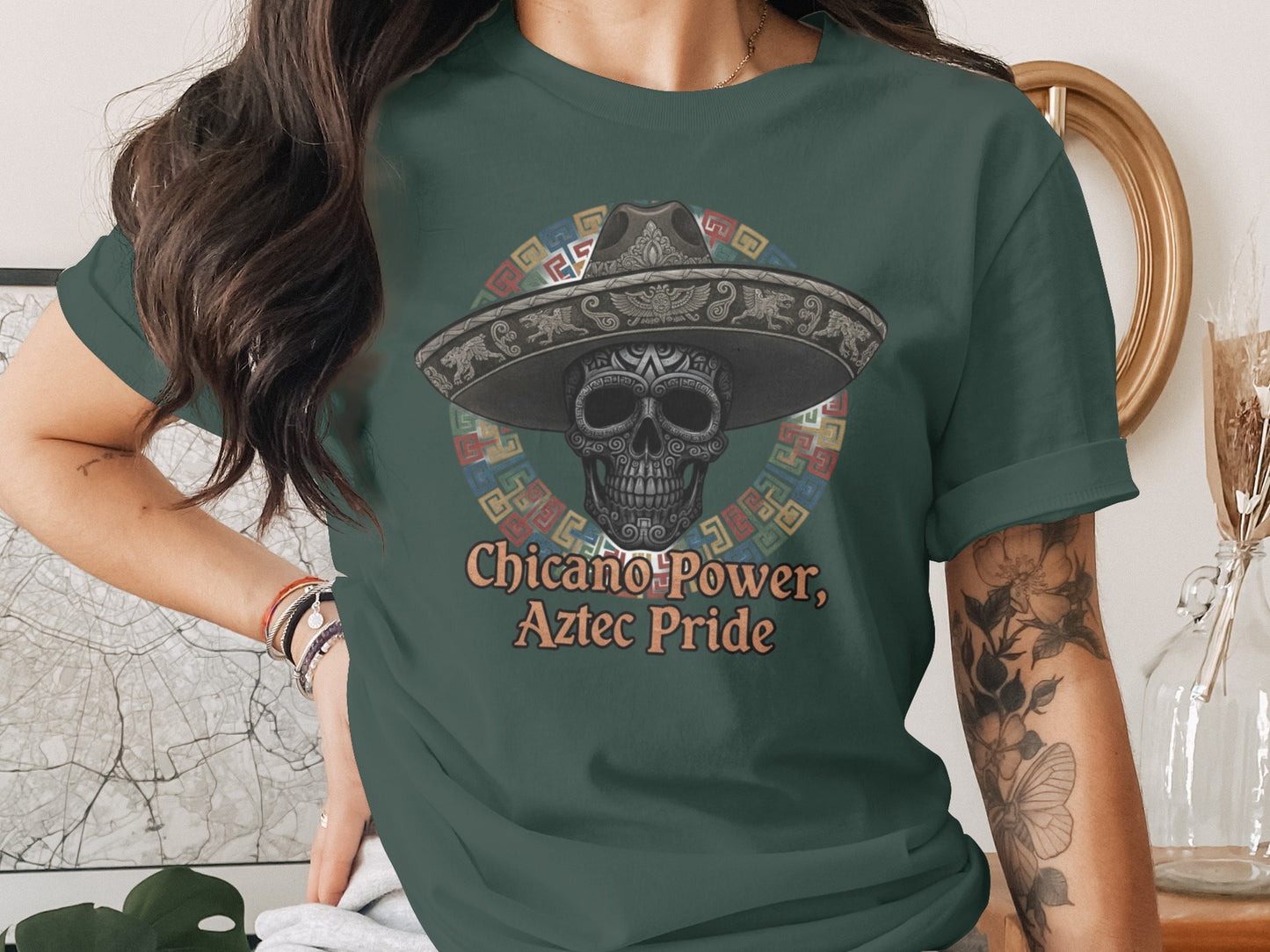 Chicano Power Aztec Pride Skull Design T-shirt
