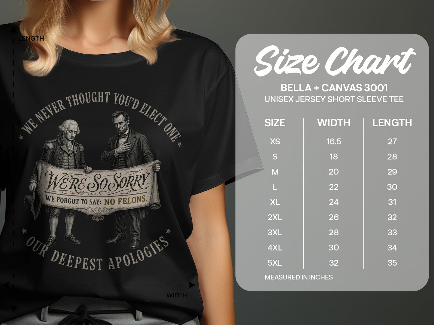 Black t-shirt with "We're So Sorry" text and size chart.