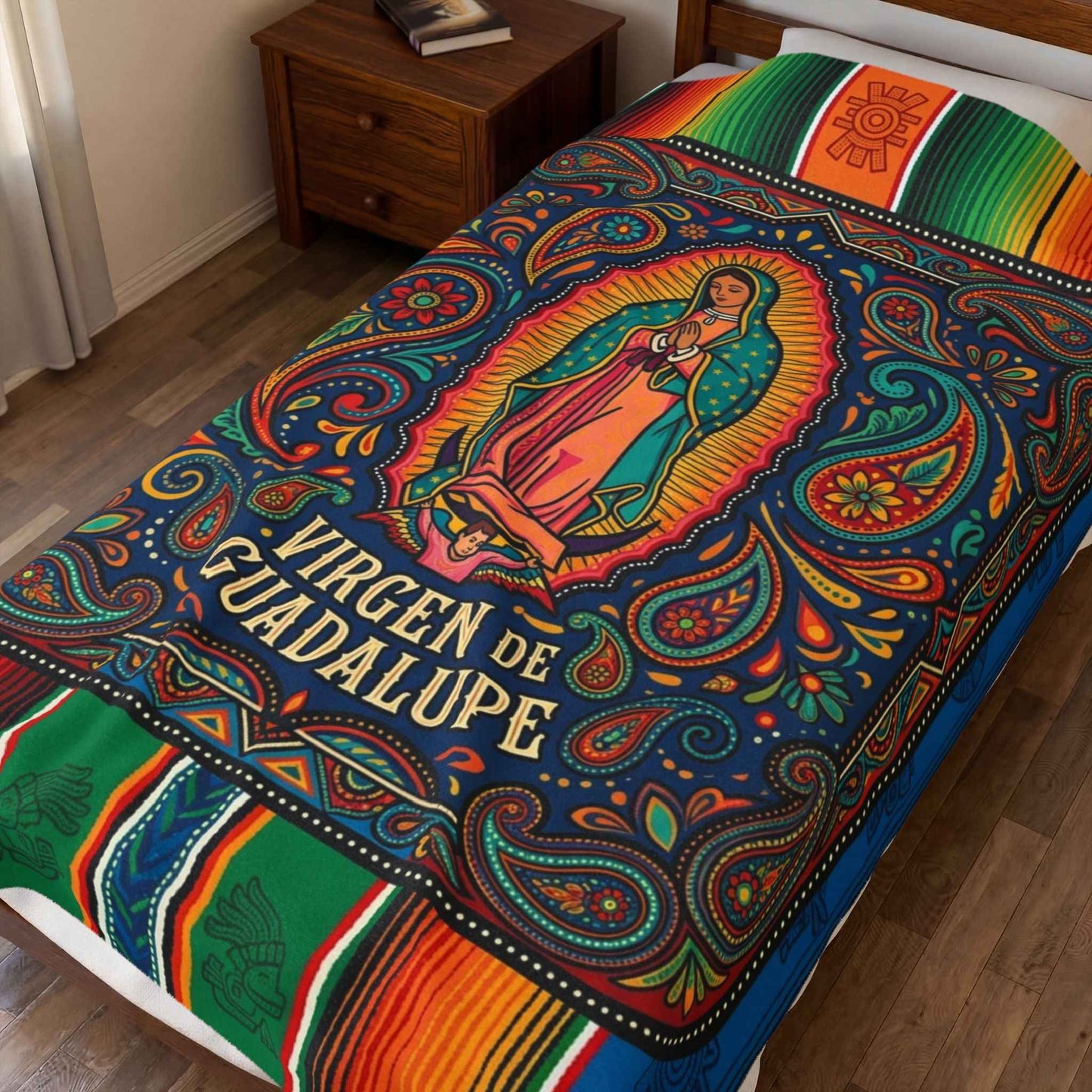 Vibrant Virgen de Guadalupe Blanket, Our Lady of Guadalupe Throw, Sacred Mexican Folk Art Decor, Colorful Aztec Serape Design, Unique