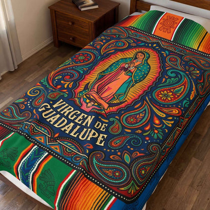 Vibrant Virgen de Guadalupe Blanket, Our Lady of Guadalupe Throw, Sacred Mexican Folk Art Decor, Colorful Aztec Serape Design, Unique