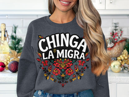 Chinga La Migra Grey Sweater Vibrant Design Product