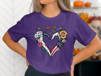 Heart-Shaped Hands American Flag Flowers and Butterflies Shirt