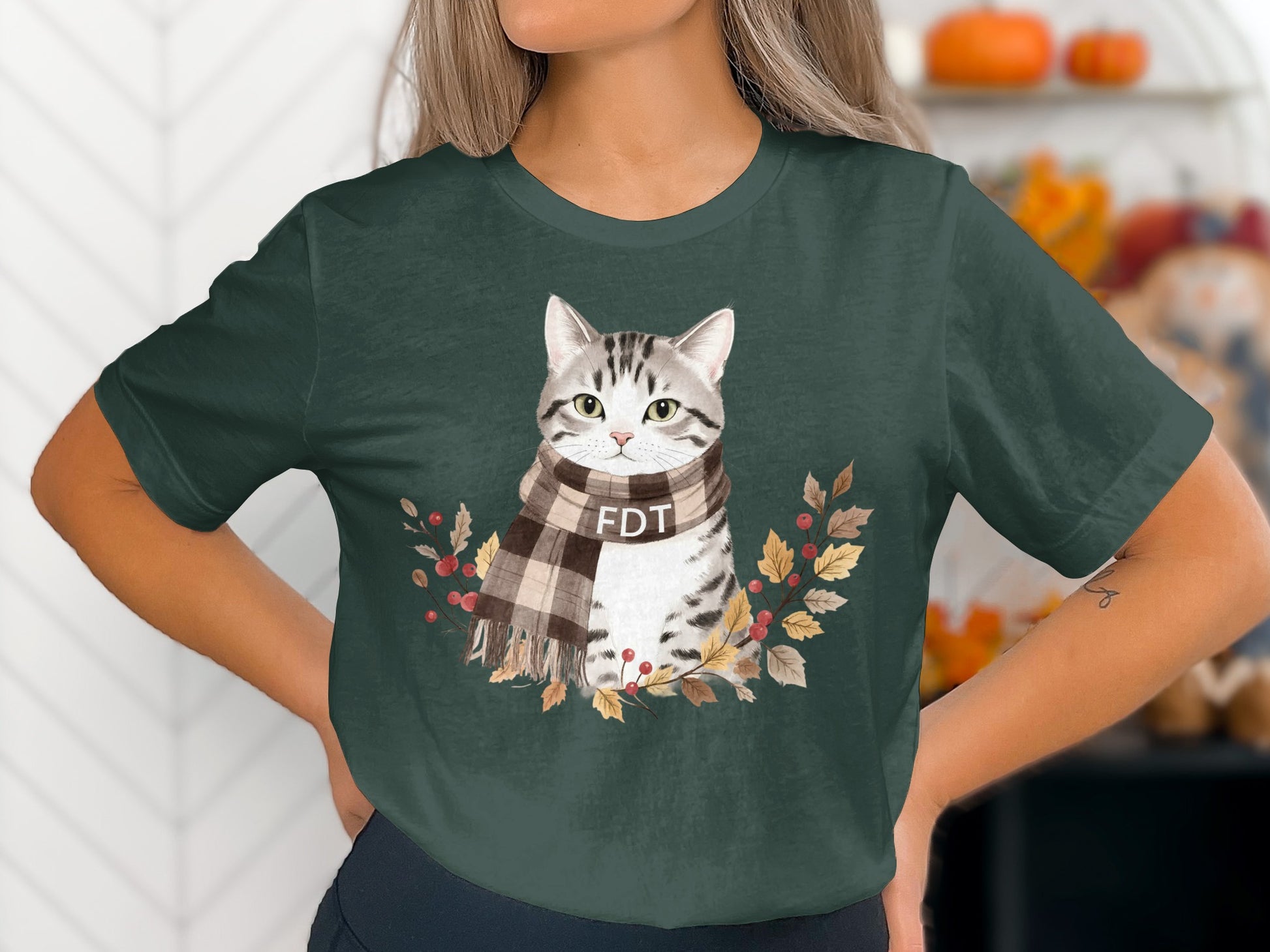 Cute Cat with Scarf Autumn Vibes Graphic Tee