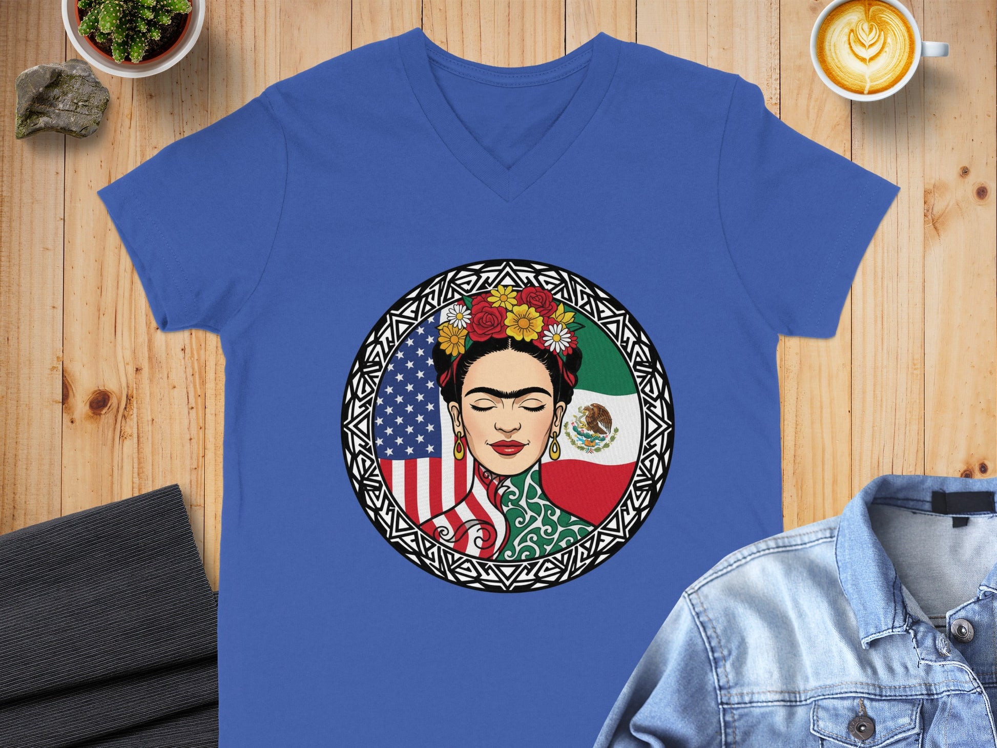 Frida Kahlo Art with Flags Graphic Design T-Shirt