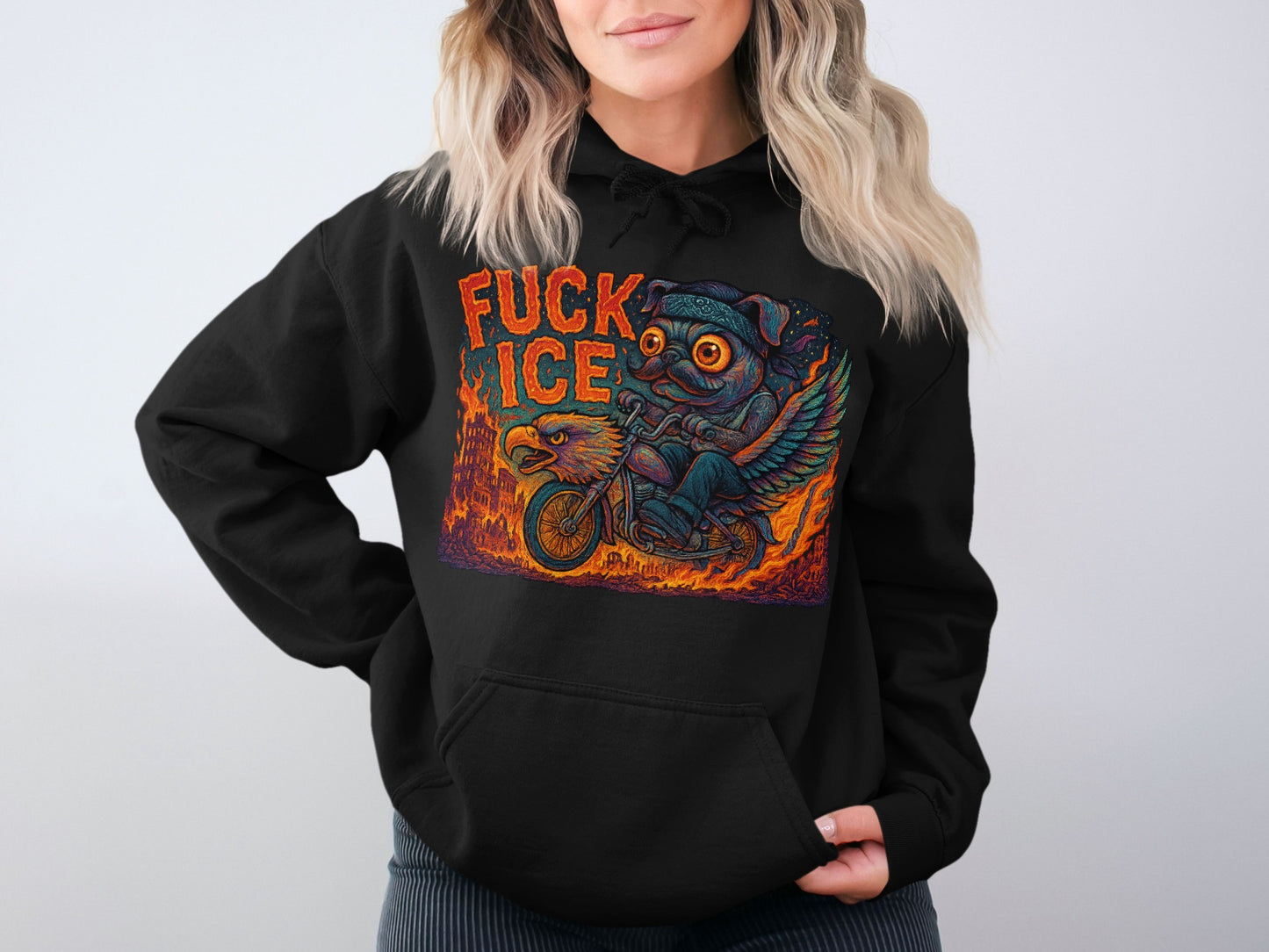 Fuck ICE Pug Riding Flaming Motorcycle Hoodie product