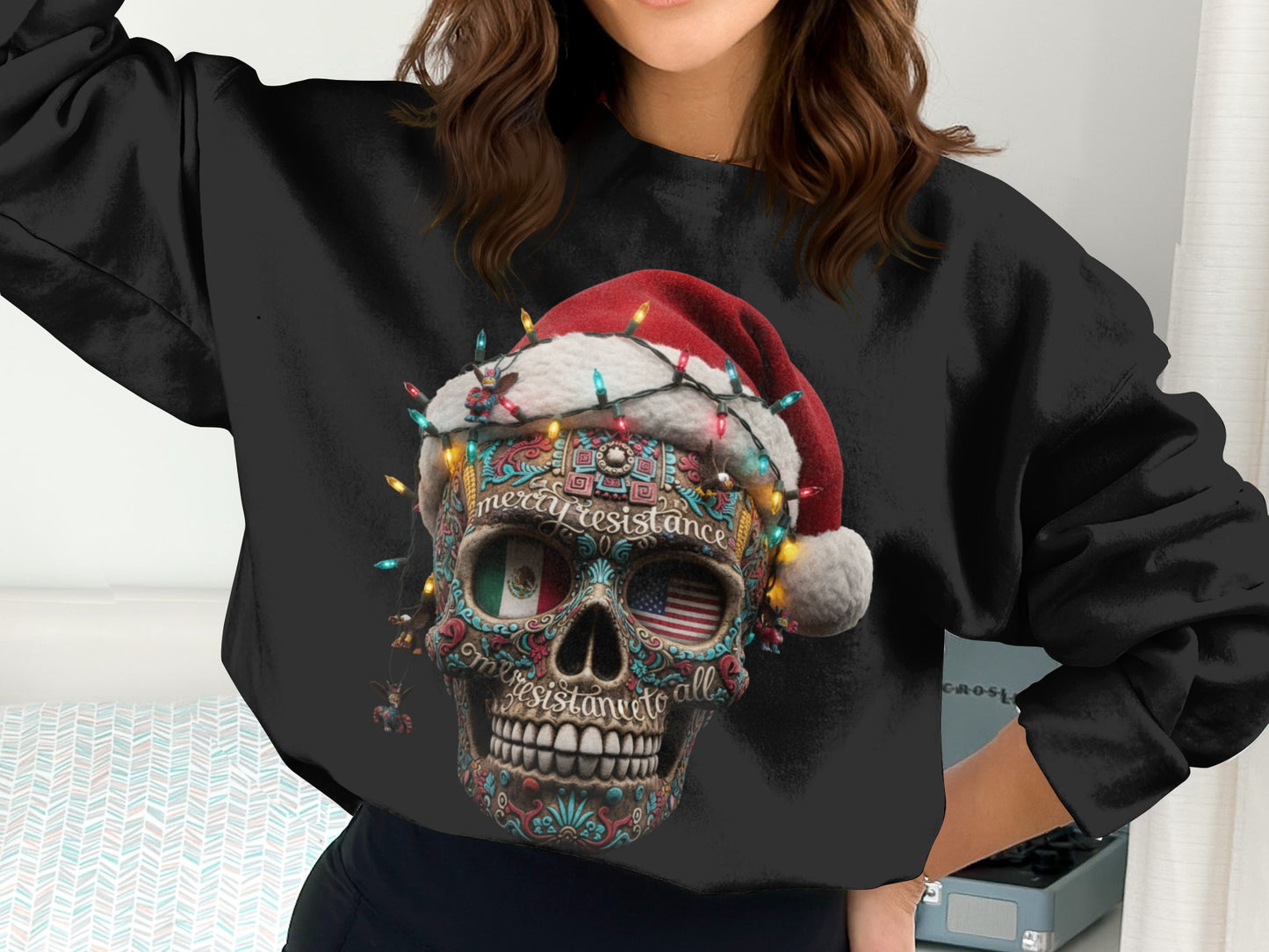 Festive Skull Christmas Lights Santa Hat Sweatshirt