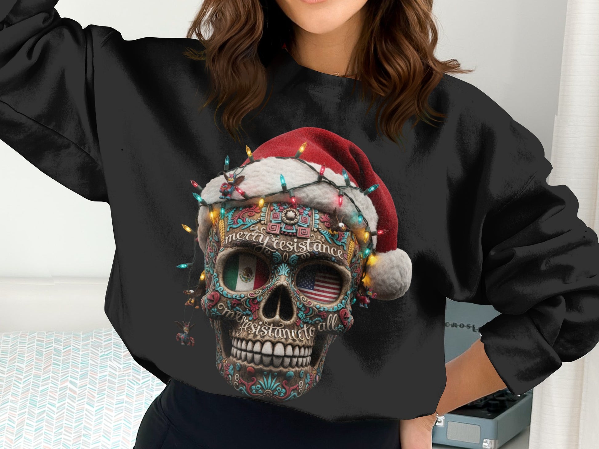 Festive Skull Christmas Lights Santa Hat Sweatshirt