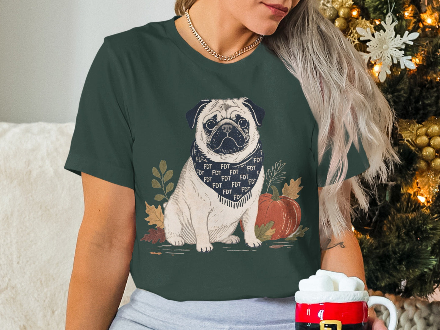 Cute Pug with Fall Leaves Graphic T-Shirt