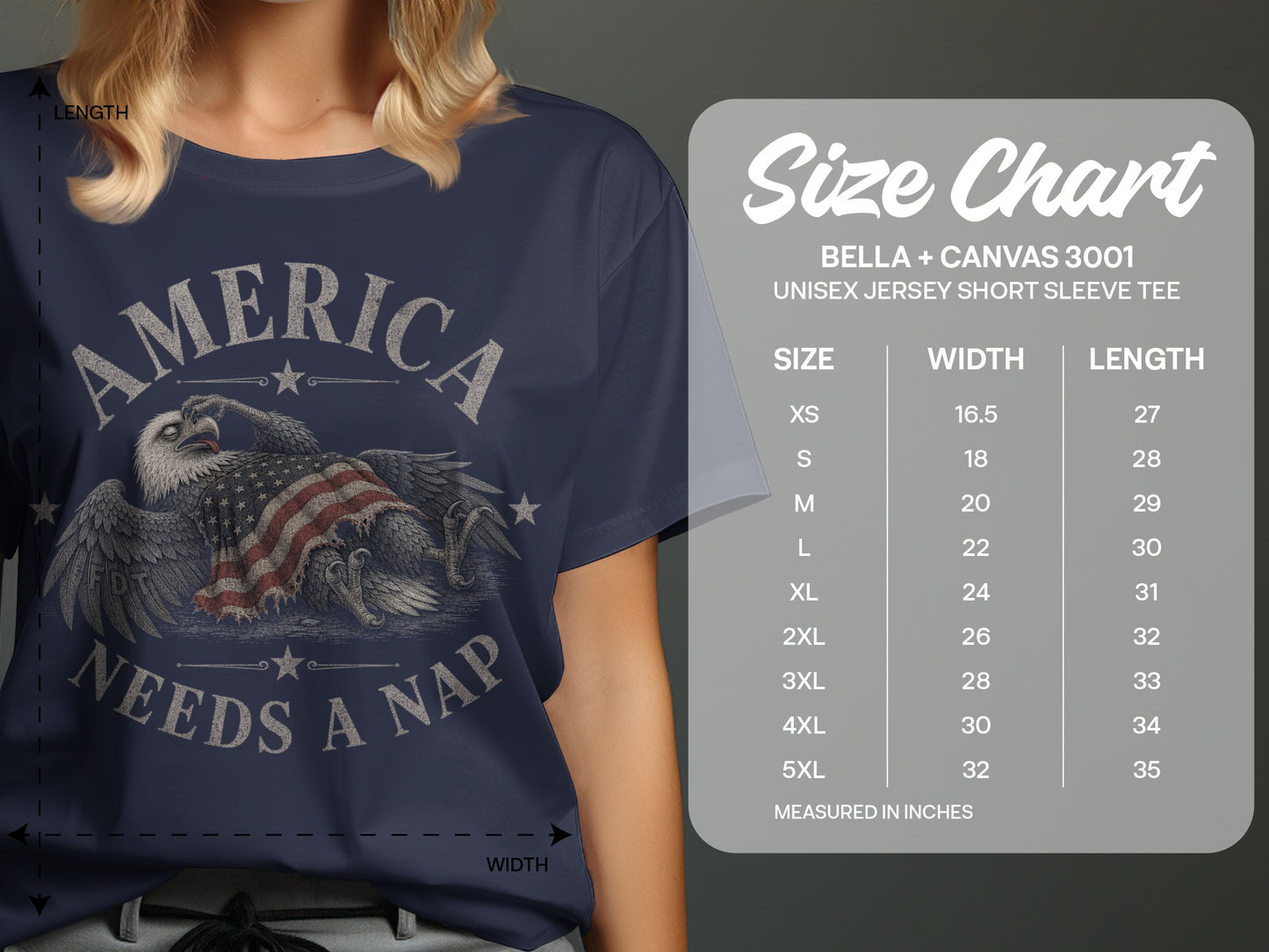 Navy t-shirt with "AMERICA NEEDS A NAP" and an eagle wearing an American flag.