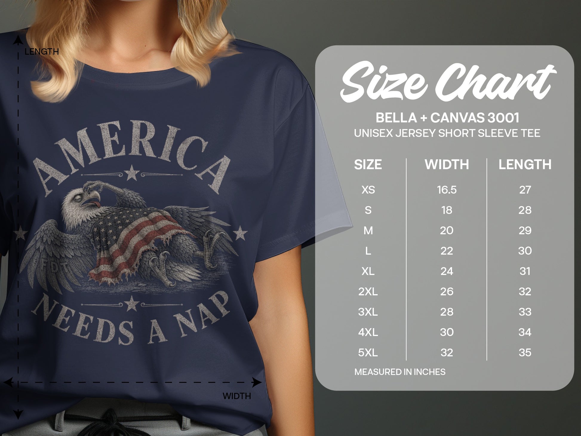 Navy t-shirt with "AMERICA NEEDS A NAP" and an eagle wearing an American flag.