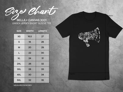 Bella + Canvas 3001 size chart for unisex short sleeve tees.