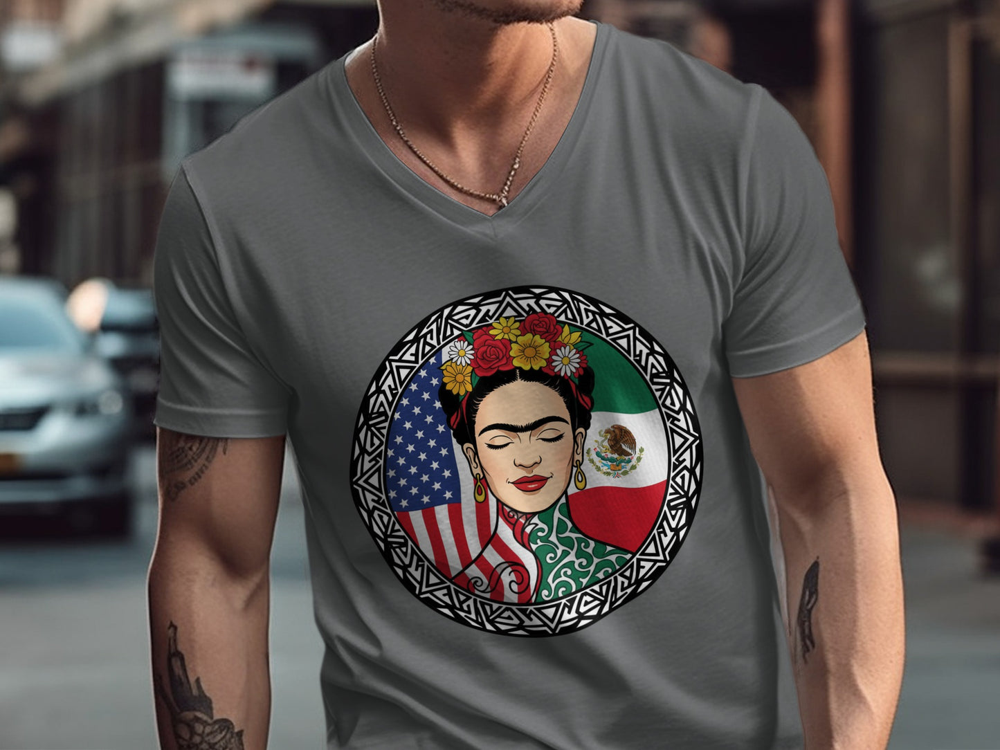 Frida Kahlo Art V-neck Shirt with Flags Design