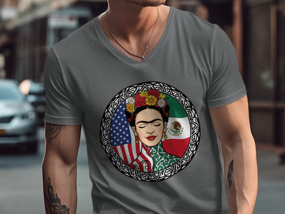 Frida Kahlo Art V-neck Shirt with Flags Design