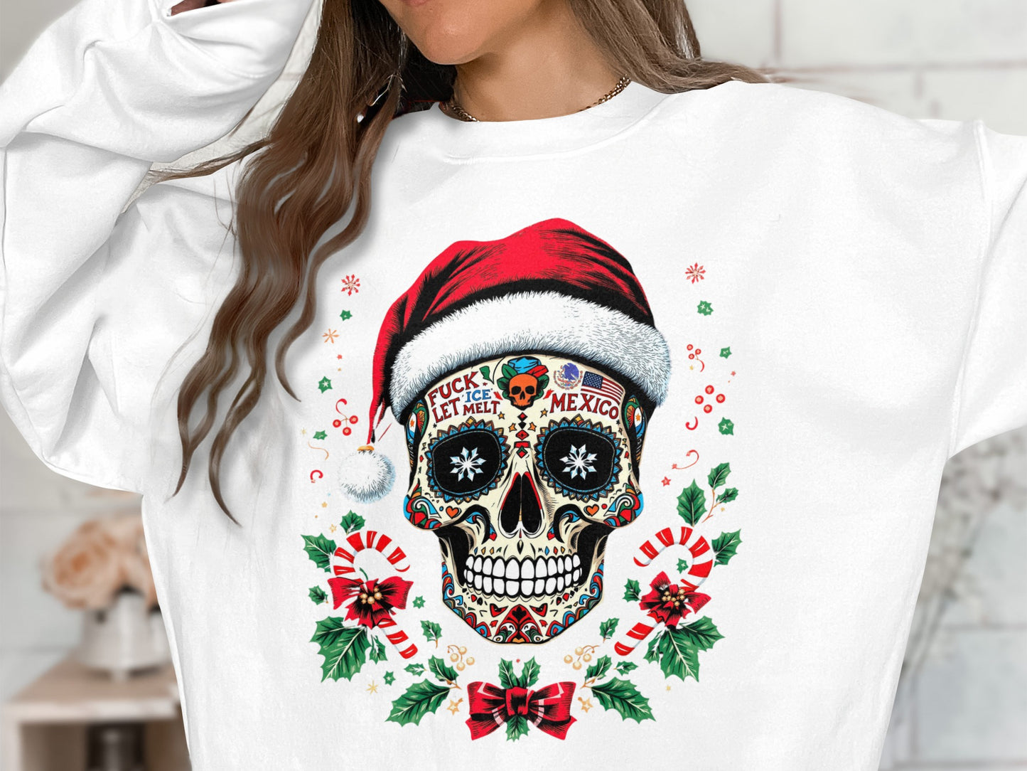 Christmas Skull with Santa Hat Women's Crewneck